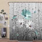 Rustic Farmhouse Teal Floral Shower Curtain, Farm Teal Daisy Flowers and Butterfly Shower Curtain for Bathroom, Country Turquoise Gray Fabric Boho Shower Curtain Set with 12PCS Hooks, 60X70IN
