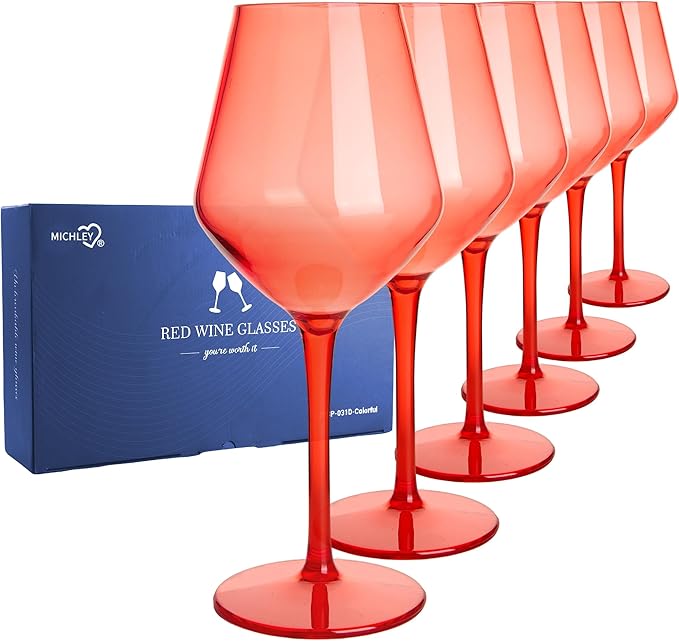 MICHLEY Colored Wine Glasses Set of 6 Unbreakable Tritan-Plastic Drinkware Gift 15oz for Outdoor Home Party, Red