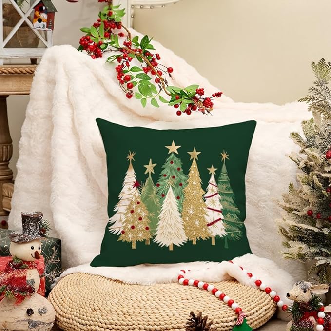 AACORS Christmas Pillow Cover 20X20 Inch Watercolor Christmas Tree Stars Decoration Holiday Farmhouse Winter Pillow Case for Sofa Couch Decor（Green） AA366-20