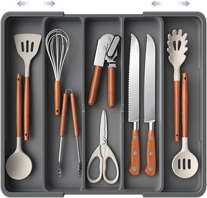 Aujen Silverware Organizer - Expandable Utensil Drawer Organizer with Non-Slip Pads, Adjustable Kitchen Drawer Organizer For Home, Apartment and Kitchen Essentials, Grey, 13.6" x 1.4" x 11.0"~19.9"