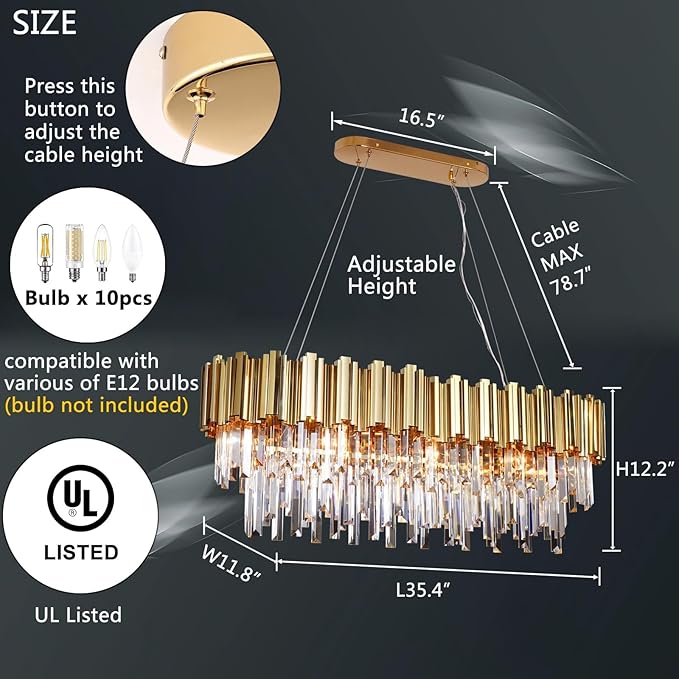 L35.4 Linear Crystal Chandelier Modern Luxury Gold Rectangle Chandeliers for Dining Room Contemporary Oval Raindrop Pendant Ceiling Light Fixture for Kitchen Island Entryway 10 Lights
