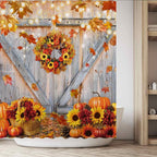 Funnytree 72"x72" Rustic Autumn Pumpkins Wood Barn Door Sunflowers Fall Thanksgiving Harvest Farmhouse Shower Curtain for Bathroom Decor Machine Washable (Hooks Not Included)