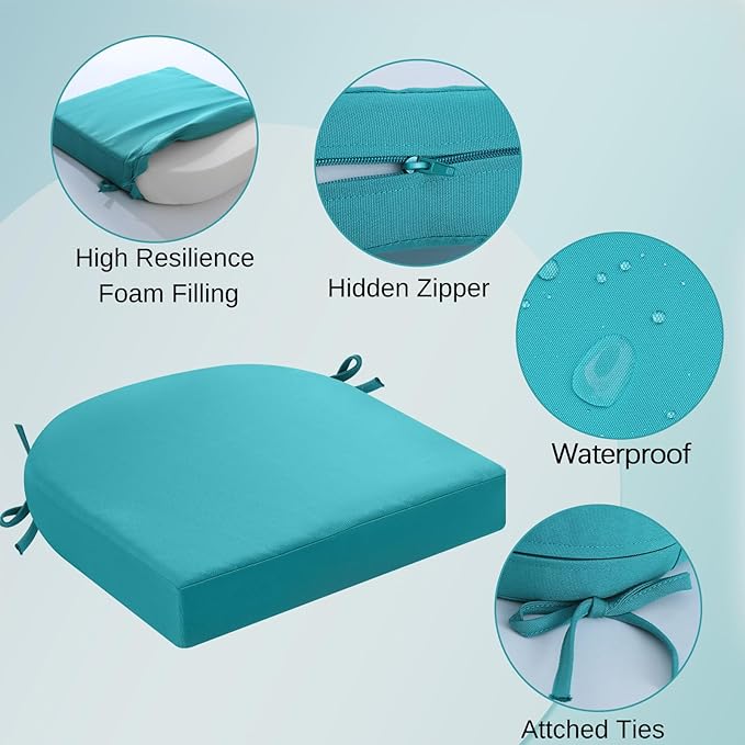 idee-home Outdoor Chair Cushions Set of 2, Thick 19" x 19" x 3" Outdoor Seat Cushions Patio Furniture Waterproof with Ties, Dining Pads