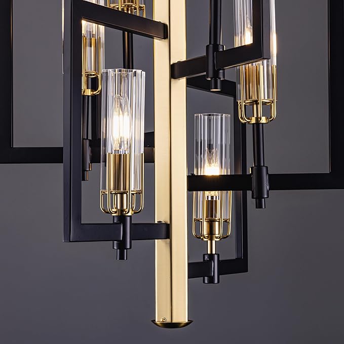 Wellmet Black Gold Chandelier Light，6-Light Brass Geometric Chandeliers for Dining Room, Modern Pendant Lighting Fixture Hanging for Foyer Kitchen Island Entryway, Metal Frame with Glass Shade