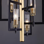 Wellmet Black Gold Chandelier Light，6-Light Brass Geometric Chandeliers for Dining Room, Modern Pendant Lighting Fixture Hanging for Foyer Kitchen Island Entryway, Metal Frame with Glass Shade