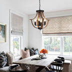 Farmhouse Hanging Pendant Lighting, 4-Light Rustic Flush Mount Ceiling Light Fixture,Modern Faux Wood Vintage Chandelier for Dining Room Kitchen Island Foyer Hallway Entryway Bedroom
