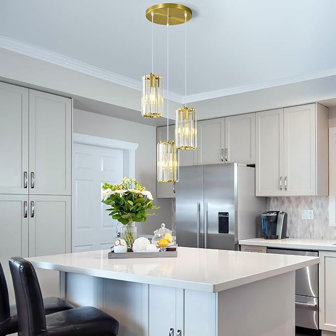 Gold Pendant Lighting Modern Pendant Light, Mini Crystal Chandeliers,Adjustable Pendant Light Fixture for Kitchen Island Dinning Room Corridor Bedroom(Gold 3-Light)
