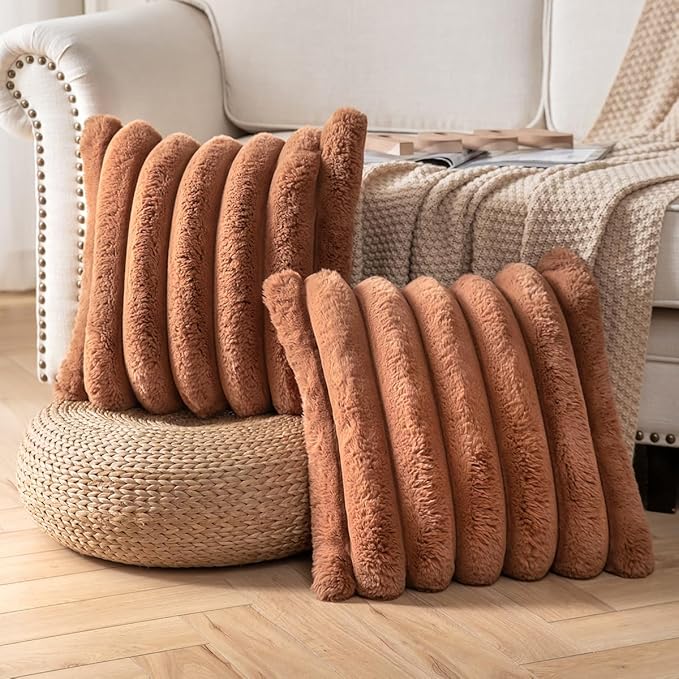 Faux Fur Plush Throw Pillow Covers 18x18 Inch Set of 2 - Luxury Decorative Fuzzy Striped Soft Cozy Pillowcase for Couch, Sofa, Living Room - Brown