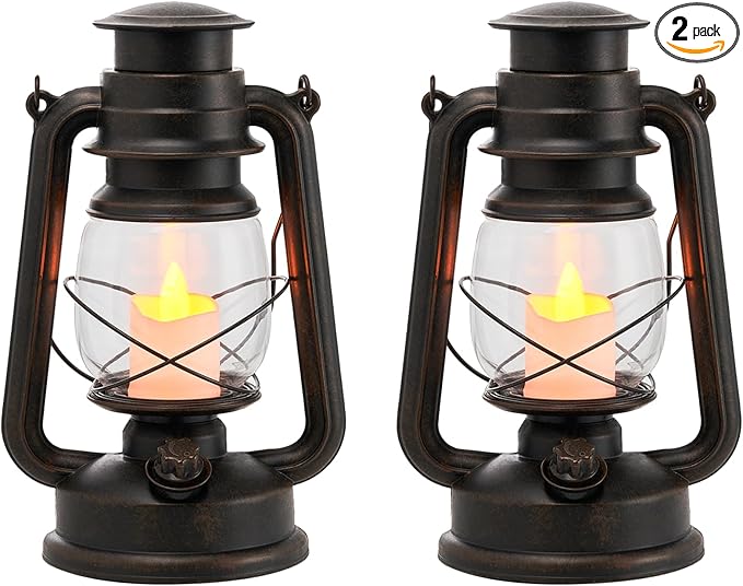 LED Vintage Lantern with Moving Flame Candle,Suitable for Home and Outdoor Usage,Antiqued Hanging Lantern,Battery Powered,6/18 Timer,2PK Bronze