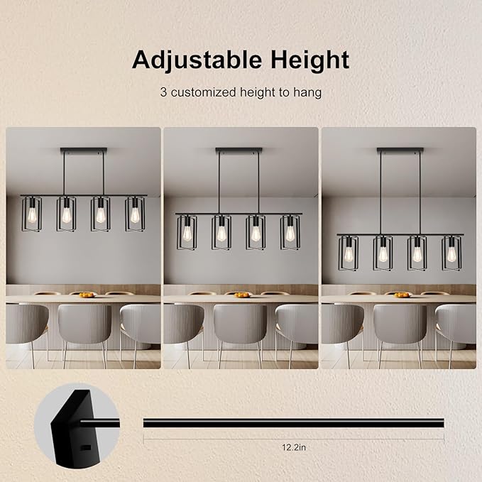 4-Lights Farmhouse Kitchen Light Fixtures Over Island, Adjustable Height Dining Room Chandelier Over Table with Flexible Shade, Hanging Pendent Lighting Over Bar, Black