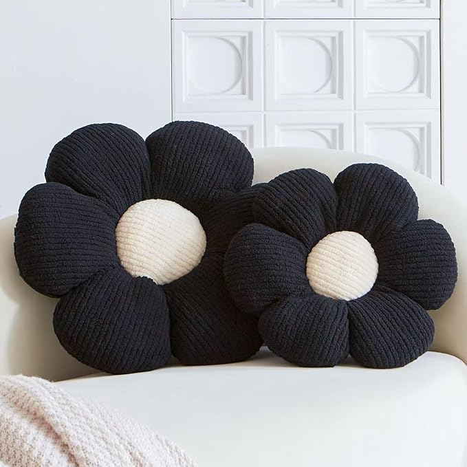 Black Flower Decorative Throw Pillow for Bed Couch, Cute Daisy Shaped Plush Aesthetic Pillow, Soft 19.6" Floor Pillow Seat Cushion
