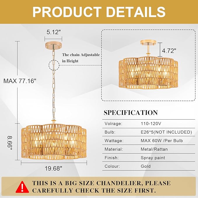 5-Light 19.6'' Convertible Rattan Chandelier - Flush Mount/Pendant Farmhouse Ceiling Light for Dining Room, Adjustable Chain & Dimmable Design