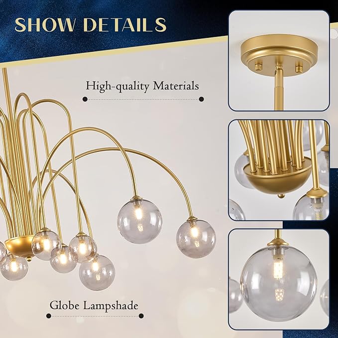 Modern Gold Sputnik Chandelier Mid Century 12 Lights Large L52” Smoke Glass Globe Pendant Light Fixture for High Ceiling Foyer Staircase Living Dining Room