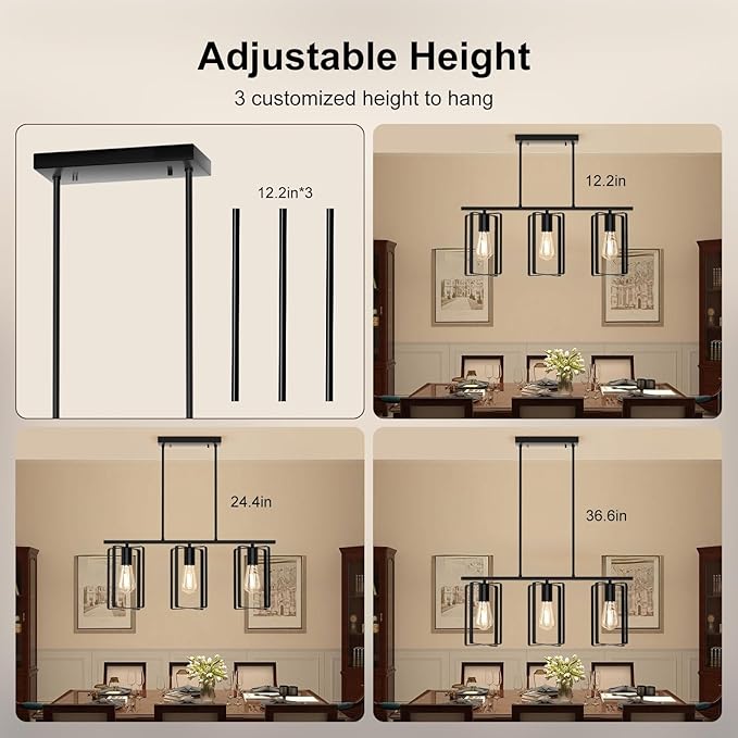 Farmhouse Kitchen Island Chandelier, 3-Light Adjustable Height Industrial Rustic Hanging Pendant Light Fixture with Flexible Shade, Linear Island Lighting for Dining Room Over Table Bar, Black