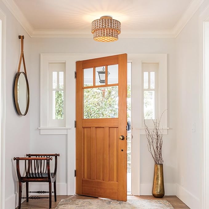 Boho Light Fixtures 2-Tone Rattan Ceiling Light Handwoven Drum Lamp Shade Flush Mount Ceiling Light Wooden Canopy Small Chandelier for Hallway Entryway Bedroom Kitchen Nursery Lights