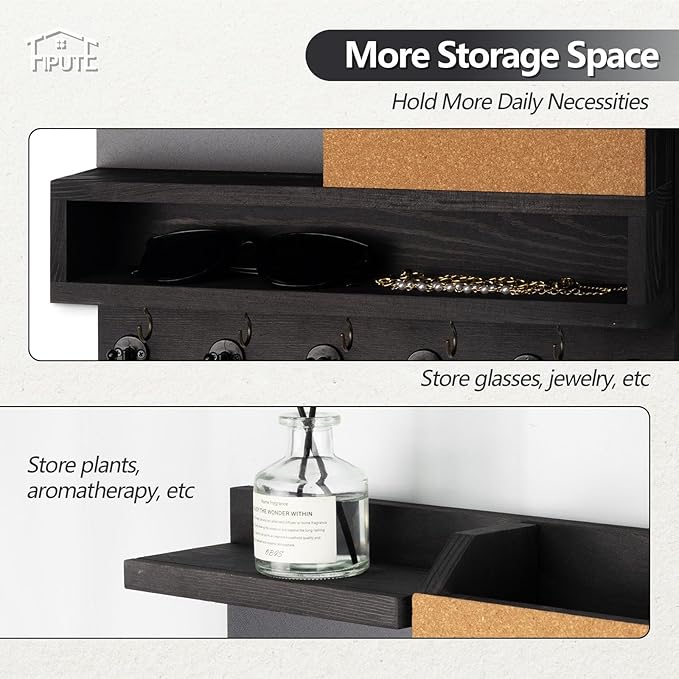 Key Holder for Wall Mount with Mail Organizer, Farmhouse Key Holder for Wall with Shelf, Chalkboard&Corkboard, Entryway Organizer 11 Metal Hooks, Decorative Natural Pine Wood, 14.6*11.1*3.3”, B-Black