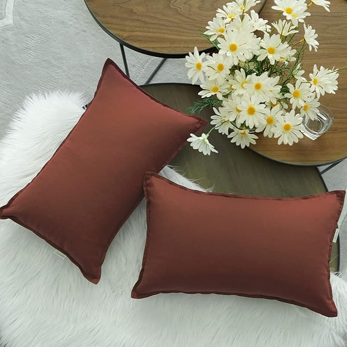 Jeanerlor Natural Cotton Linen Green Decorative 12"x20" Throw Pillow Case Cushion Cover with Twin Needles Stitch on Edge for Lumbar, (30 x 50cm), 2 Pcs, Reddish Brown