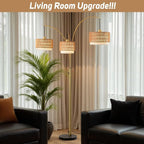 Gold Rattan Floor Lamp for Living Room, 80 Inch Tall Boho Floor Lamp with Rotary Switch, 3 Lights Arc Lamp with Wicker Shade for Coastal,Bohemian,Tree Farmhouse Standing Lamp