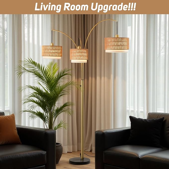 Gold Rattan Floor Lamp for Living Room, 80 Inch Tall Boho Floor Lamp with Rotary Switch, 3 Lights Arc Lamp with Wicker Shade for Coastal,Bohemian,Tree Farmhouse Standing Lamp