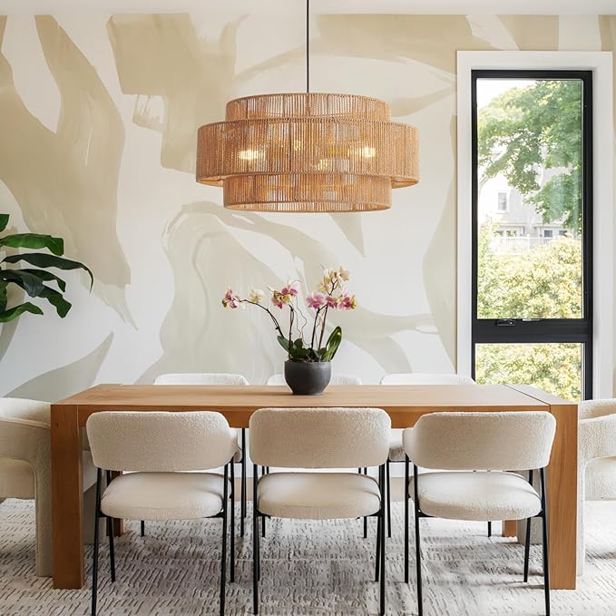 3-Tier Large Rattan Chandeliers, 23.6in Woven Boho Coastal Pendant Lights for Dining Room