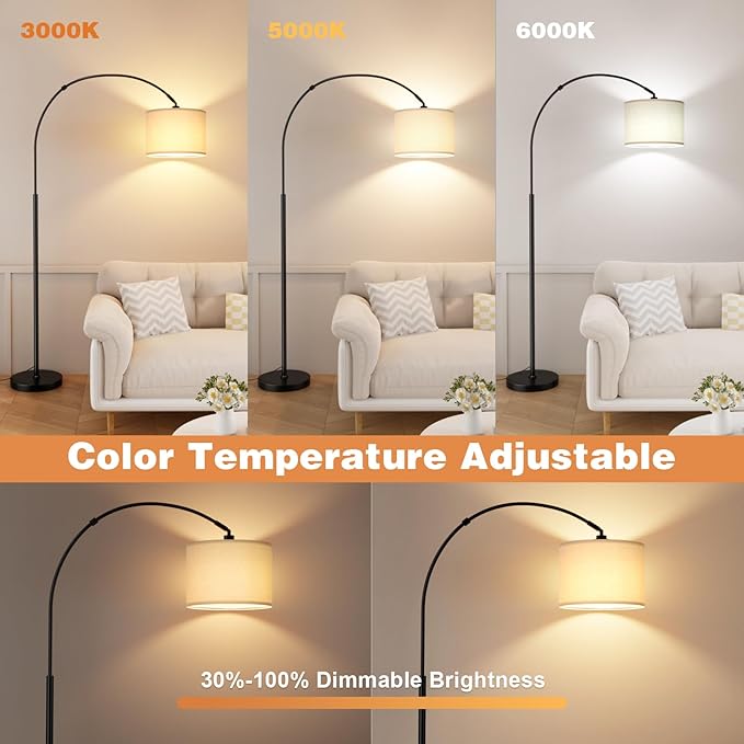 Ambimall 70' Dimmable Arc Floor Lamp with Remote, Color Temperatures and Brightness Adjustable, Arched Floor Lamp with Rotating Head, Over Couch Arched Light for Living Room (Deep Beige and Black)