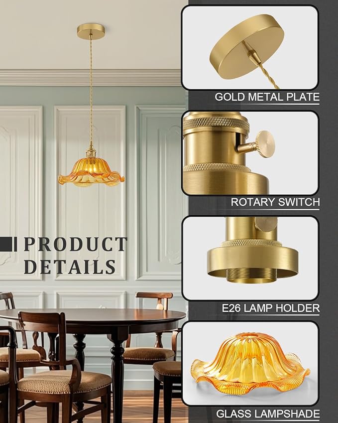 Vintage Glass Pendant Light，Green Flower Ceiling Pendant Light，Gold Adjustable Hanging Wire for Kitchen Island Dining Room Bedroom Hallway (10Inch - Amber(A))