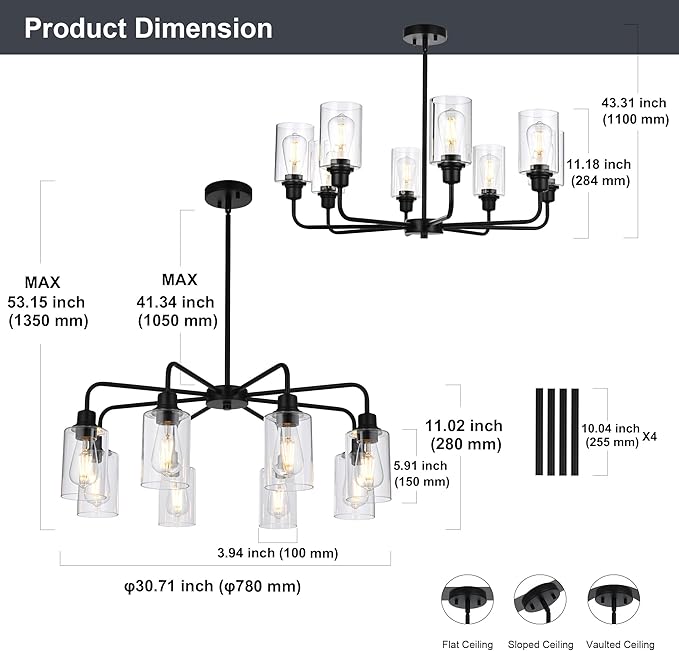 8-Light Modern Black Chandelier with Clear Glass Shades, E26 Base Farmhouse Pendant Light Fixture, Adjustable Swivel Heads Ceiling Lighting, Industrial Chandelier for Dining Room Kitchen Hallway