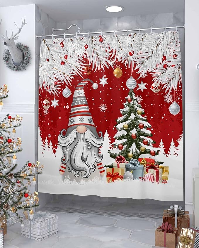 Vandarllin Christmas Gnome Shower Curtain, Winter Merry Christmas Tree Balls Shower Curtains Set with Hooks, Red Waterproof Fabric Bathroom Curtains Decor Home Accessories,Stall 48 X 72 Inch
