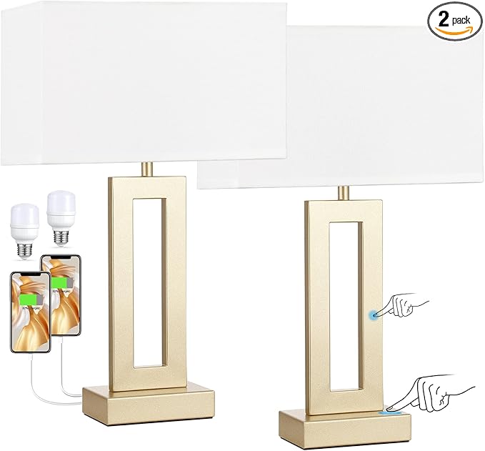 Nightstand Table Lamps for Bedrooms Set of 2 - Touch Bedside Lamp with USB C+A, 3 Way Dimmable Living Room Lamps for End Tables Set of 2(White&Gold)