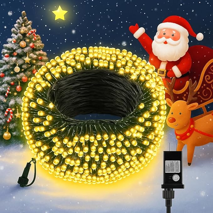 100 LED Christmas String Lights, 33 FT Connectable Waterproof String Lights Green Wire with Timer Memory Function & 8 Modes, for Indoor Outdoor Xmas Trees Party Garden, WarmWhite