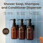 MaisoNovo Shampoo and Conditioner Dispenser - Shower Soap Dispenser Wall Mounted - 16.9 fl oz Set of 3 Amber Plastic Bottles Black Pump - 3 Chamber No Drill