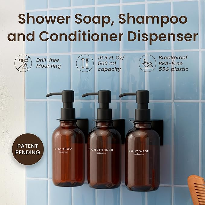 MaisoNovo Shampoo and Conditioner Dispenser - Shower Soap Dispenser Wall Mounted - 16.9 fl oz Set of 3 Amber Plastic Bottles Black Pump - 3 Chamber No Drill
