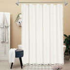 MitoVilla Ivory White Boho Farmhouse Shower Curtain Set 72 x 78, 78 inch Long Polyester Linen Tassel Fabric Shower Curtain Set for Chic Cottagecore French Rustic Bathroom Decor, Cream White