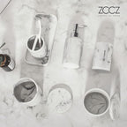 ZCCZ White Marble Bathroom Accessories Set 6 Pieces - Toothbrush Holder, Lotion Dispenser, Qtip Container, Vanity Tray, Tumbler - Countertop Organizer for Bathrooms - Elegant and Functional Décor Set