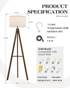 ELYONA Tripod Floor Lamp with Table, Mid Century Wood Shelf Standing Light Modern Tall Floor Lamp with Linen Shade for Living Room Bedroom Office,Dark Brown, 3 Color Temperatures LED Bulb Include