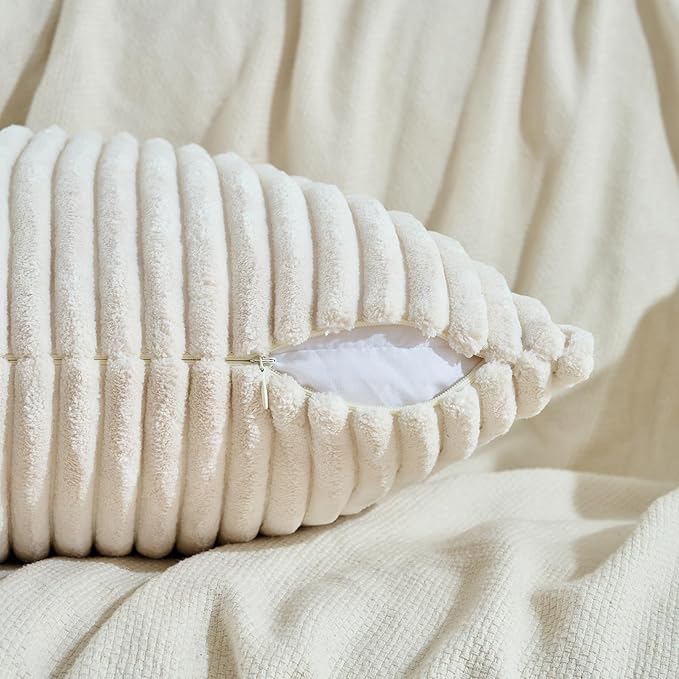 Fancy Homi Set of 2 Cream Boho Neutral Decorative Throw Pillow Covers 24x24 Inch for Couch Bed Sofa, Aesthetic Modern Organic Home Decor, Soft Fluffy Corduroy Beige Cute Farmhouse Cushion Case 60 cm