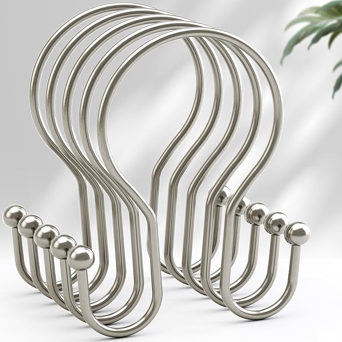 AmazerBath Shower Curtain Hooks Brushed Nickel Shower Curtain Rings, Simple Double Hook Shower Curtain Hooks Rust Proof, Smooth Glide Metal Shower Hooks for Shower Curtain, 12Pcs Shower Rod Hooks
