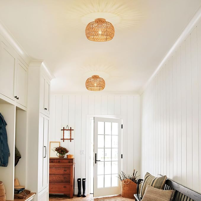 Boho Ceiling Light Fixtures Rattan Chandelier Bedroom Light Small Rattan Flush Mount Ceiling Light Hand-Woven Chandelier for Nursery Light Kitchen Farmhouse Chandeliers