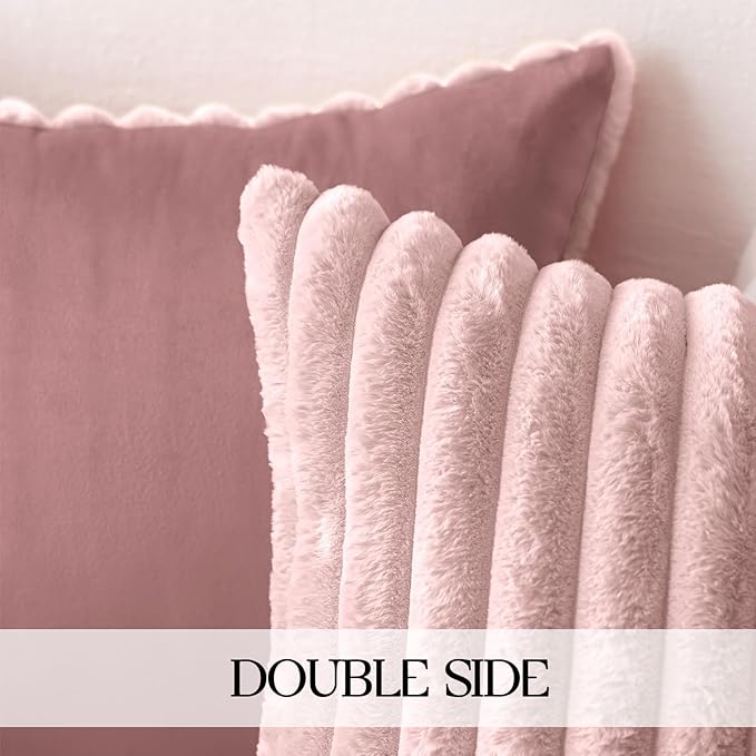 MOSAYT Spring Faux Fur Throw Pillow Covers 16x16, Set of 2, Plush Velvet Soft Pillow Case,Fluffy Striped Decorative Couch Pillow Covers for Sofa, Bedroom, Living Room(Pink)