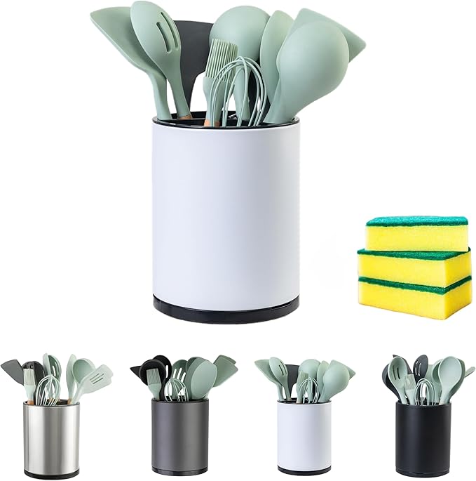 Utensil Holder,4-in-1 Large Kitchen Utensil Holder For Counter,Rotating Silverware Organizer Cooking Flatware Spoon Spatula Tool Cutlery Container Stainless Steel Caddy