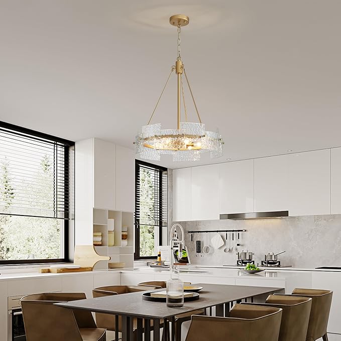 XINGQI Gold Chandelier Modern Farmhouse 6-Light 19.7" Water Ripple Glass Drum Chandeliers Height Adjustable Rustic Pendant Lighting Fixture for Dining Room Living Room Kitchen Island Bedroom