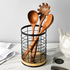 Utensil Holder for Kitchen Rotating Utensil Crock for Countertop, Cooking Utensil Organizer for Spatula with Rotatable Wooden Base