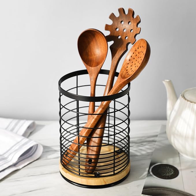 Utensil Holder for Kitchen Rotating Utensil Crock for Countertop, Cooking Utensil Organizer for Spatula with Rotatable Wooden Base