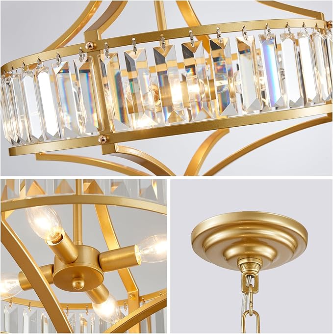 XINGQI Gold Chandeliers Modern Crystal Dining Room Light Fixture Pendant 4-Light, Rustic Chandeliers with Round Metal Lampshade for Living Room Hallway Bedroom Foyer