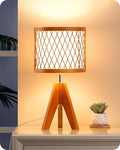 EDISHINE Small Table Lamp, 14.17" Wood Tripod Bedside Lamp with Bamboo Lampshade & PVC Shade, ON-Off Switch & E26 Base, Boho Nightstand Lamp for Living Room, Bedroom