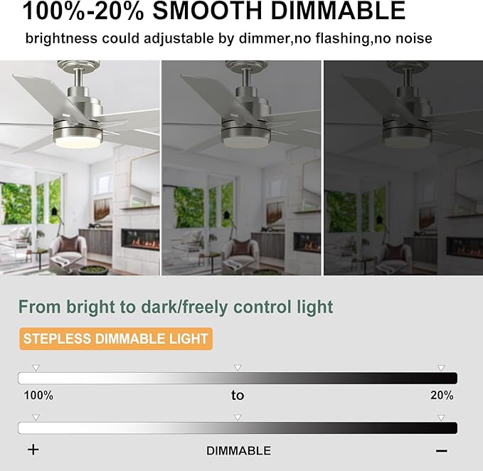 YUHAO 48 Inch Brushed Nickel Ceiling Fan with Light and Remote Control.Noiseless,Dimmable, 3CCT,6 Speeds Reversible, Modern DC Ceiling Fans for Indoor Use