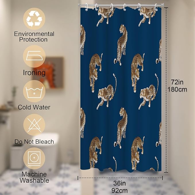 Boho Leopard Cheetah Shower Curtain Theme Bathroom Bathtubs Fabric Tropical Forest Wildlife Animal Shower Curtain Set with 12 Hooks 36 x 72 inches Polyester Machine Washable, Brown Black and Blue