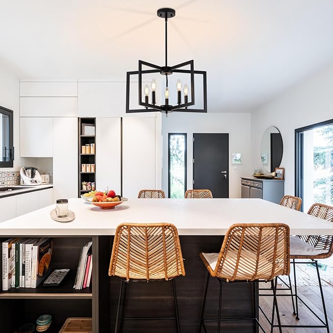 Black Chandelier, 5-Light Dining Room Light Fixture Geometric Metal Modern Industrial Chandelier Lighting for Farmhouse Living Room Entryway Kitchen (Black, E12 Bulbs Not Included)