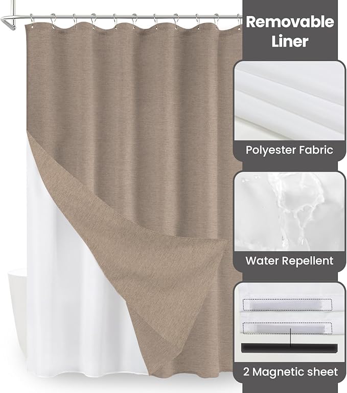 Inhousolu Boho Farmhouse Shower Curtain with Fabric Liner Set, Faux Linen Textured, 8 Metal Hooks Luxury Weighted Hem, Washable Wrinkle Free Bath Curtain for Hotel Bathroom 36" W x 72" L Beige
