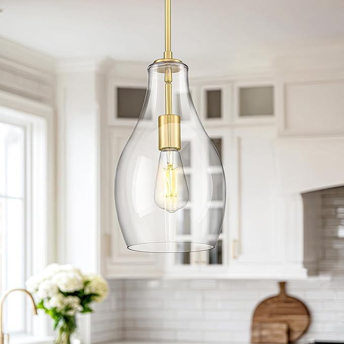 2-Pack Pendant Lights Kitchen Island, 8" Gold Hanging Light Fixtures with Clear Glass Shade, Modern Brass Kitchen Pendant Lighting Over Island for Dining Room, AD-25045-2PB-GD
